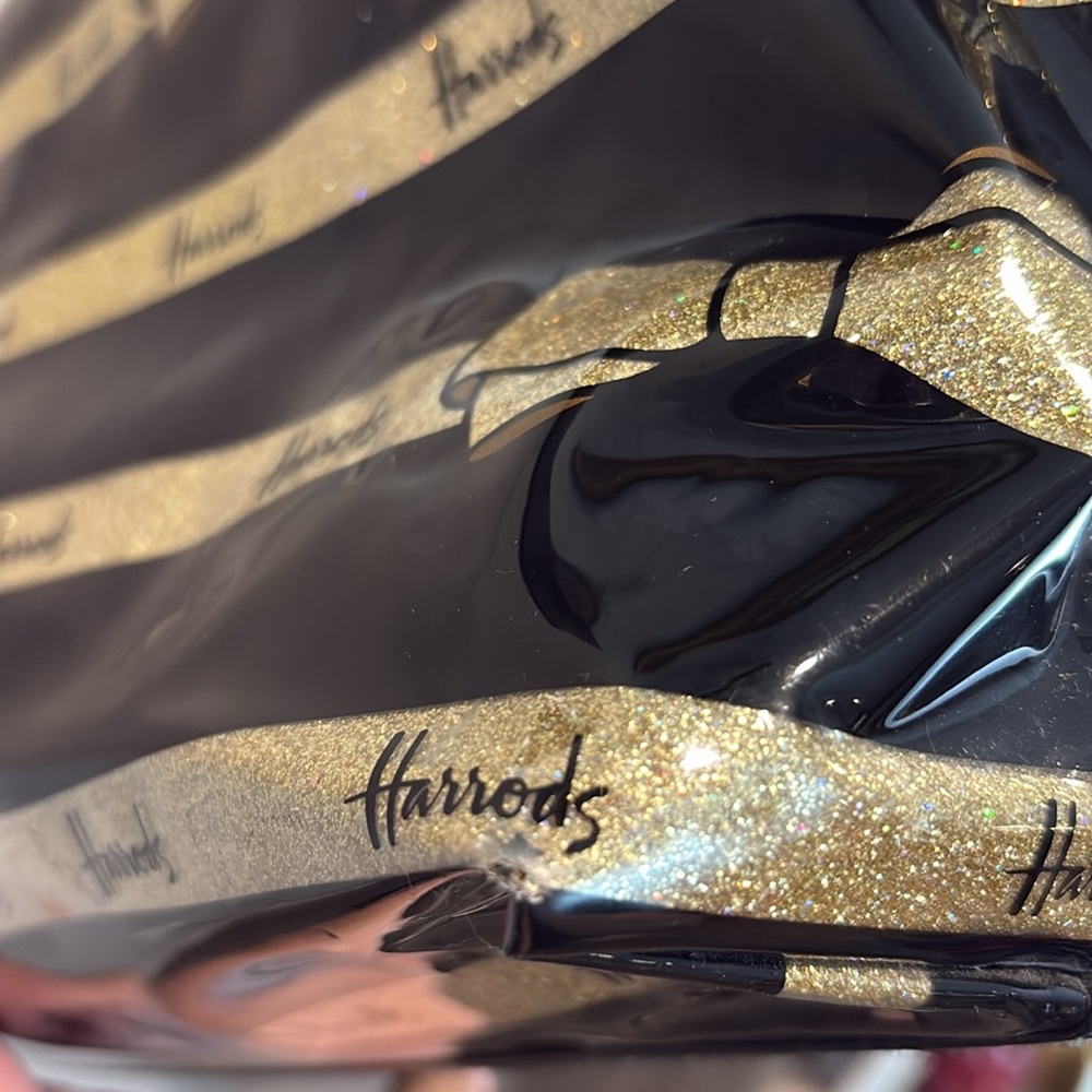 Harrods Black Patent Leather Gold Glitter Bow Large Tote - Picture 10 of 13